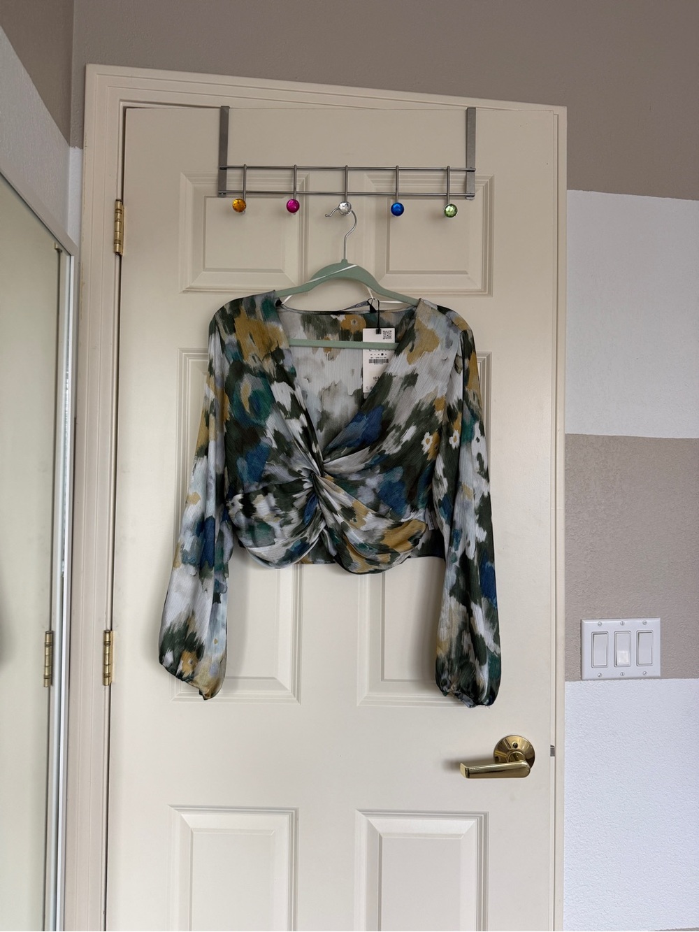 Zara Green Blue Abstract Twist-Front Blouse
